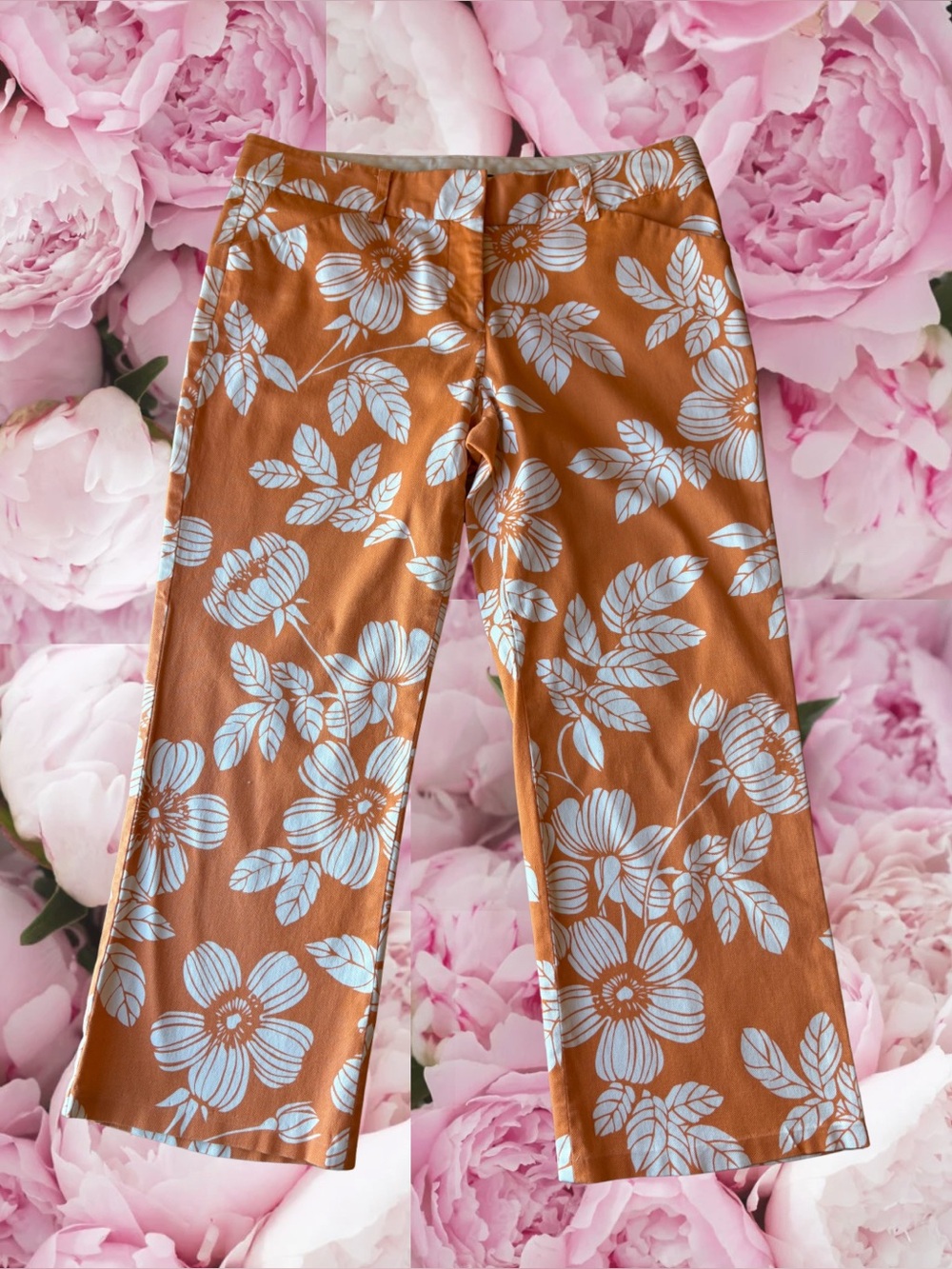 Orange White Floral Capri Pants Express Stretch Beach Vacation Women’s Size 4
